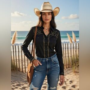 MANxONE TEASPOON LONG SLEEVE METALLIC EMBROIDERED WESTERN BOHO BUTTON UP SHIRT